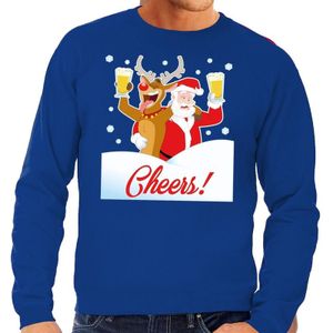 Foute kersttrui cheers met dronken kerstman blauw heren - kerst truien