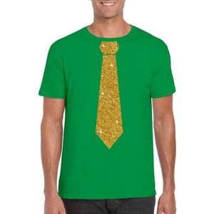 Groen fun t-shirt met stropdas in glitter goud heren - Feestshirts
