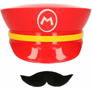 Game verkleed set pet en snor - loodgieter Mario - rood - unisex - carnaval/themafeest outfit - Verkleedhoofddeksels