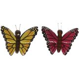 2x magneet hout gele en roze vlinder - Magneten