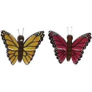 2x magneet hout gele en roze vlinder - Magneten
