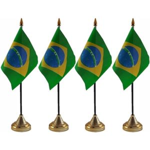 4x stuks brazilie tafelvlaggetje 10 x 15 cm met standaard - Vlaggen