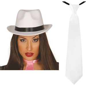 Carnaval verkleed set compleet - gangster/maffia hoedje met stropdas - wit - volwassenen - Verkleedattributen