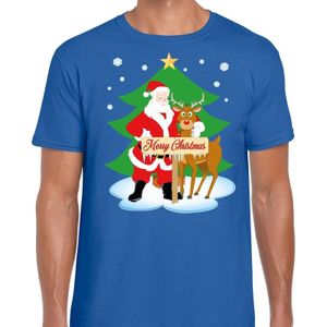 Foute Kerst t-shirt kerstman en rendier Rudolf blauw heren - kerst t-shirts