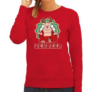 Foute Kersttrui/sweater voor dames - zendeer buddha - rood - rendier - boeddha - zen - kerst truien