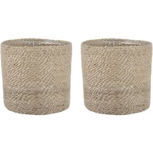 2x stuks naturel rotan planten pot mand van gedraaid jute/riet H20 en D20 cm - Plantenpotten