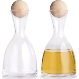 2x Luxe glazen karaffen met houten bol/bal dop 750 ml - Karaffen