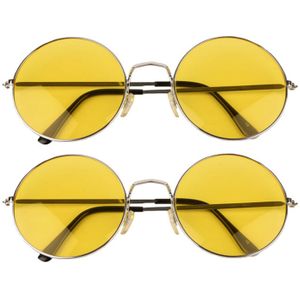 2x stuks Hippie Flower Power Sixties ronde glazen zonnebril XL geel - Verkleedbrillen