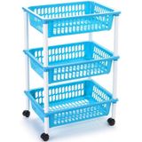 Opberg trolley/roltafel/organizer met 3 manden 40 x 30 x 61,5 cm wit/lichtblauw - Opberg trolley