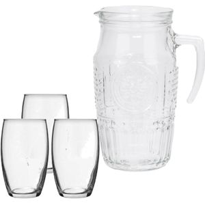 Bormioli Rocco schenkkan/waterkan van glas 1,8 liter met 6x stuks Tumbler waterglazen van 375 ml