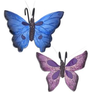 Tuindecoratie bloempothangers vlinder - set 2x - paars/blauw - kunststeen - 13 x 10 cm - Tuinbeelden