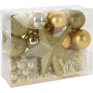 Kerstballen set 54-dlg - met piek - kunststof - goud - voor kleine boom - Kerstbal
