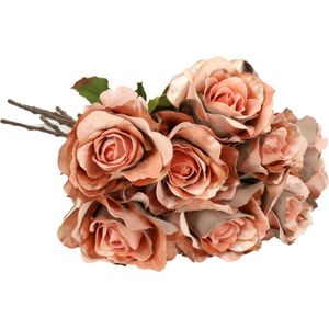 Top Art Kunstbloemen Boeket Roos Glamour - 8x - Zalm met Goudkleur - 61 cm - Satijn
