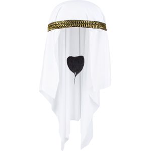 Carnaval verkleed hoed voor een Arabier/Sjeik - hoofddoek wit - heren- met zwart baardje - Verkleedhoofddeksels
