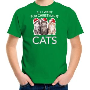 Kitten Kerst t-shirt / outfit All i want for Christmas is cats groen voor kinderen - kerst t-shirts kind