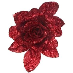 1x Kerstbloemen versiering rode glitter roos op clip 15 cm - Kersthangers