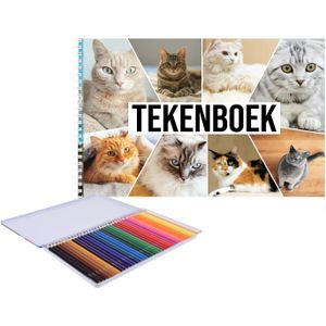 A4 formaat katten schetsboek/ tekenboek/ kleurboek/ schetsblok wit papier met 36x kleurpotloden - Schetsboeken