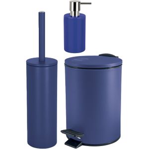 Badkamer accessoires set - WC-borstel/pedaalemmer/zeeppompje - metaal/keramiek - donkerblauw - Badkameraccessoireset