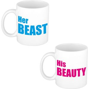 Her beast en his beauty cadeau mok / beker wit met blauwe letters 300 ml - feest mokken