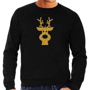 Rendier hoofd Kerst sweater / trui zwart voor heren met gouden glitter bedrukking - kerst truien