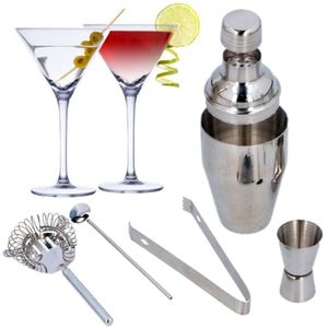 Set van 4x Martini cocktailglazen met luxe 5-delige cocktailshaker set RVS - Cocktailglazen