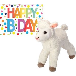 Pluche knuffel lammetje/schaap 20 cm met A5-size Happy Birthday wenskaart - Knuffel boederijdieren