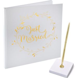 Gastenboek/receptieboek met luxe pen in houder - Bruiloft - goud/wit - 24 x 24 cm - Gastenboeken