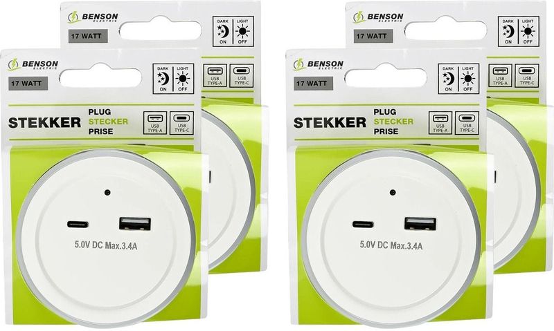 Benson - LED Nachtlampje - Warm Wit - Draadloos - Met USB A en C