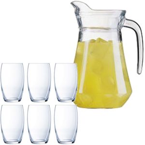 Luminarc schenkkan/waterkan van glas 1.6 liter met 6x stuks Versailles waterglazen van 375 ml