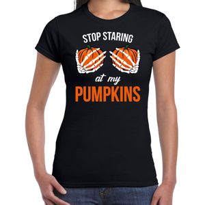 Stop staring at my pumpkins / skelet halloween verkleed t-shirt zwart voor dames - Feestshirts