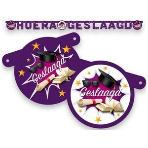 Letterslinger geslaagd thema - paars/wit - karton - 170 cm - diploma examenfeest versiering - Feestslingers