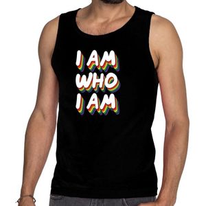 I am who i am gay pride tanktop/mouwloos shirt zwart voor heren - Feestshirts