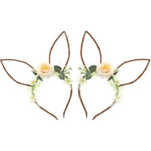 Verkleed diadeem paashaas/bunny oren - 2x - met bloemen - wit - one size - Verkleedhoofddeksels