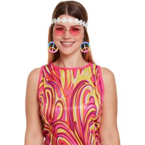 Hippie verkleed accessoire set met haarband roze bril en oorbellen - Verkleedsieraden