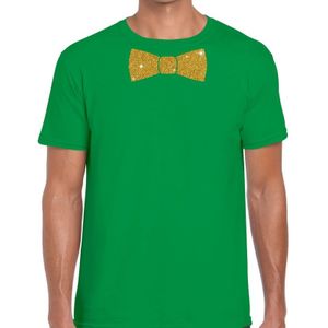 Groen fun t-shirt met vlinderdas in glitter goud heren - Feestshirts