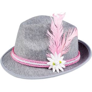 Verkleed hoedje voor Oktoberfest/duits/tiroler - grijs/roze - volwassenen - Carnaval - Verkleedhoofddeksels