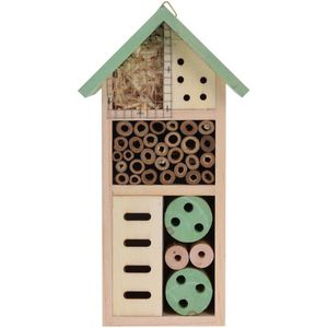 Tuindecoratie insecten hotel huisje groen 26 cm bijen/vlinders/lieveheersbeestjes - Insectenhotel