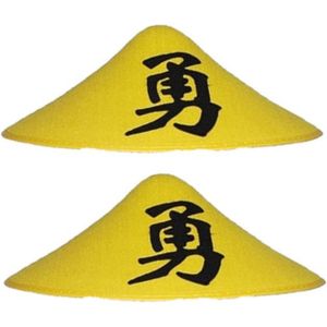 2x stuks gele Aziatische verkleed hoed met chinees teken - Verkleedhoofddeksels