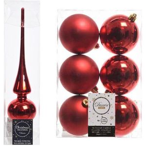 Kerstboom optuigen set rood glazen piek en 6x kunststof ballen 8 cm - Kerstbal