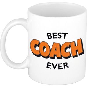 Best coach ever cadeau mok / beker wit met oranje cartoon letters 300 ml - feest mokken