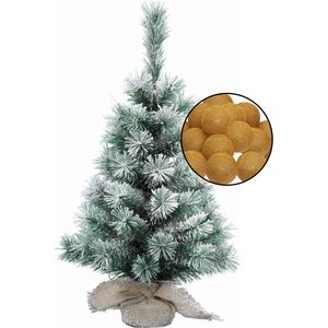 Kleine kunst kerstboom besneeuwd -incl. lichtsnoer bollen geel oker - H60 cm - Kunstkerstboom