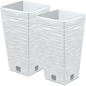 Plantenpot/bloempot Furu Stripes - 2x - voor buiten - kunststof - wit - vierkant - D20 x H38 cm - Plantenpotten