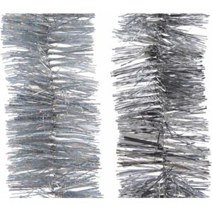 2x Feestversiering folie slingers glitter zilver 7,5 x 270 cm kunststof/plastic kerstversiering - Kerstslingers