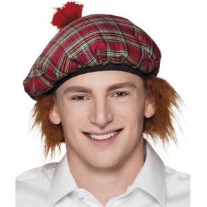 Schotse verkleed pet rood met haar - Verkleedhoofddeksels