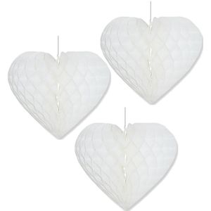 Set van 5x stuks papieren honeycomb hart wit 15 x 18 cm - Hangdecoratie