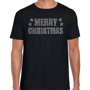 Glitter kerst t-shirt zwart Merry Christmas glitter steentjes voor heren - Glitter kerst shirt - kerst t-shirts