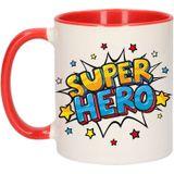 Super hero cadeau koffiemok / theebeker wit en rood met sterren - 300 ml - keramiek - cadeau mok / bedank mok
