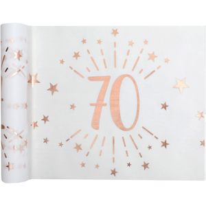 Tafelloper op rol - 70 jaar verjaardag - wit/rose goud - 30 x 500 cm - polyester - Feesttafelkleden