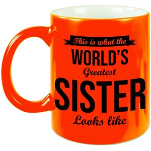 Worlds Greatest Sister cadeau koffiemok / theebeker neon oranje 330 ml - feest mokken