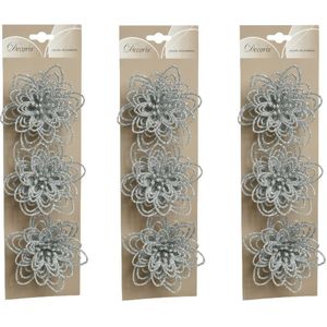 18x stuks decoratie bloemen zilver glitter op clip 11 cm - Kunstbloemen